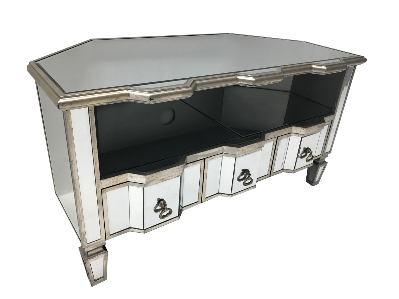 Corner Mirrored tv unit with drawers and a shelf