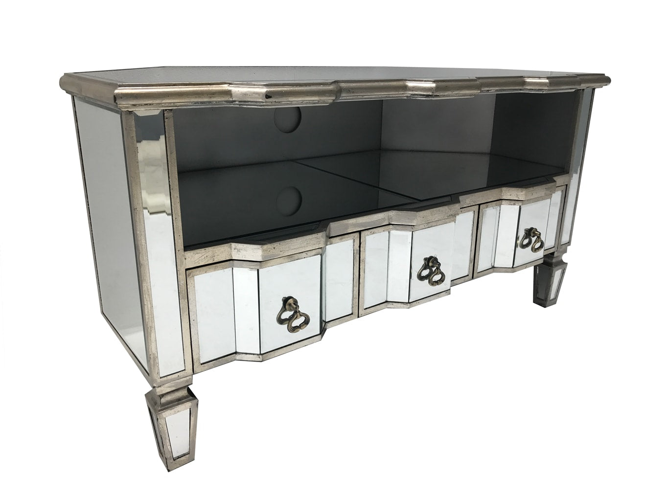 Corner Mirrored tv unit with drawers and a shelf