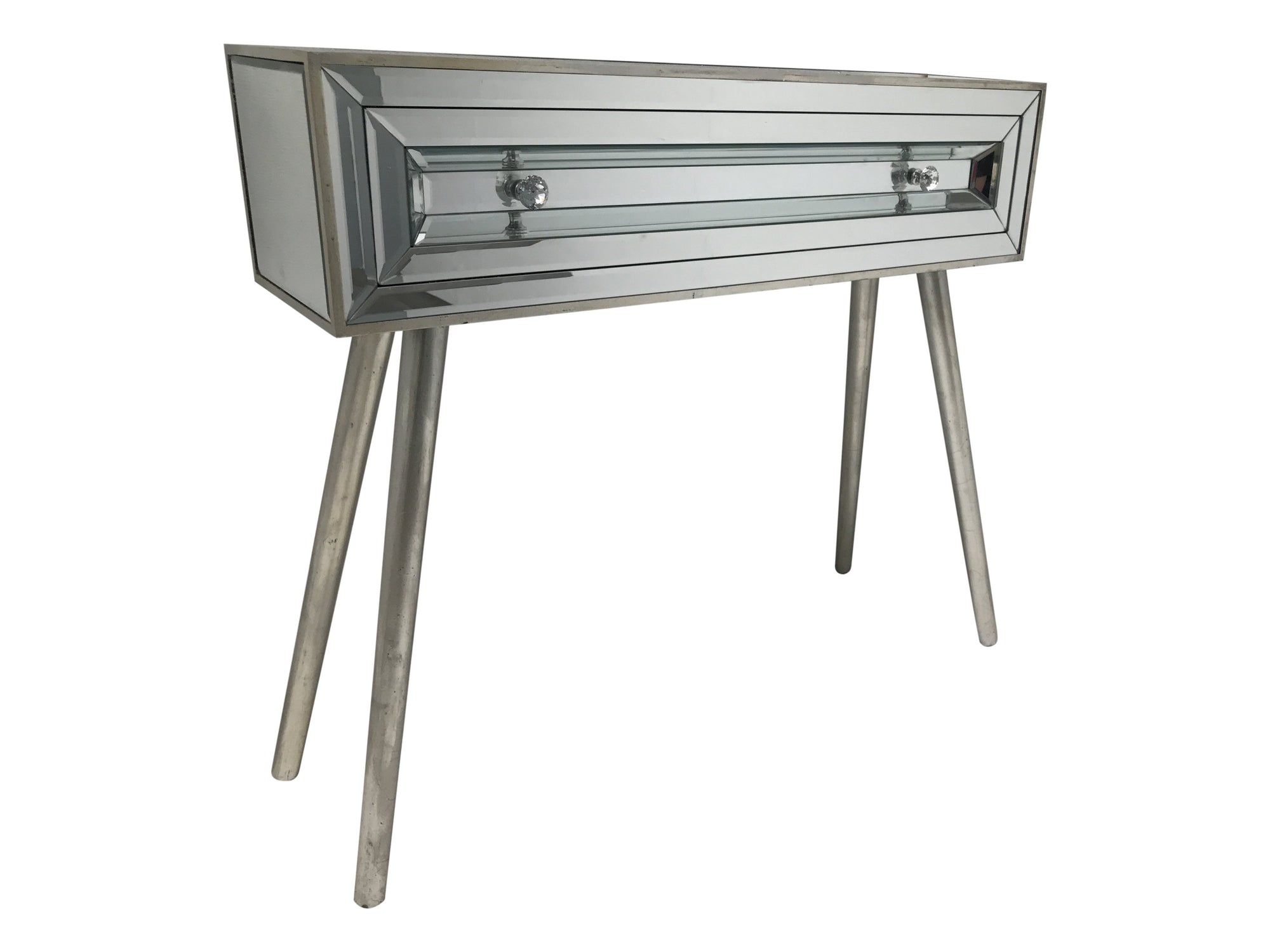 Mirrored console table with a single drawer, view from the font