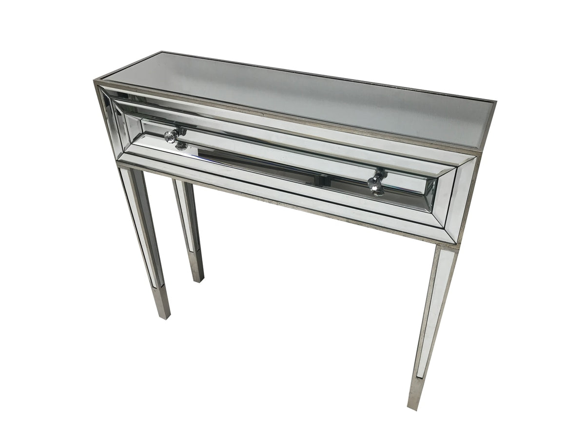 Glass console table with one drawer, view from the right top angle