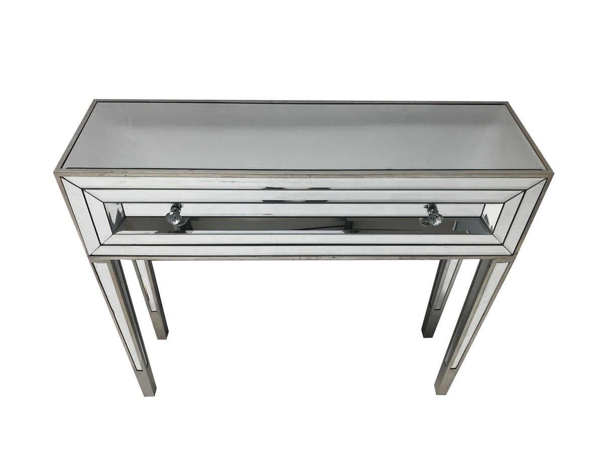 Glass console table with one drawer, view from the front top angle