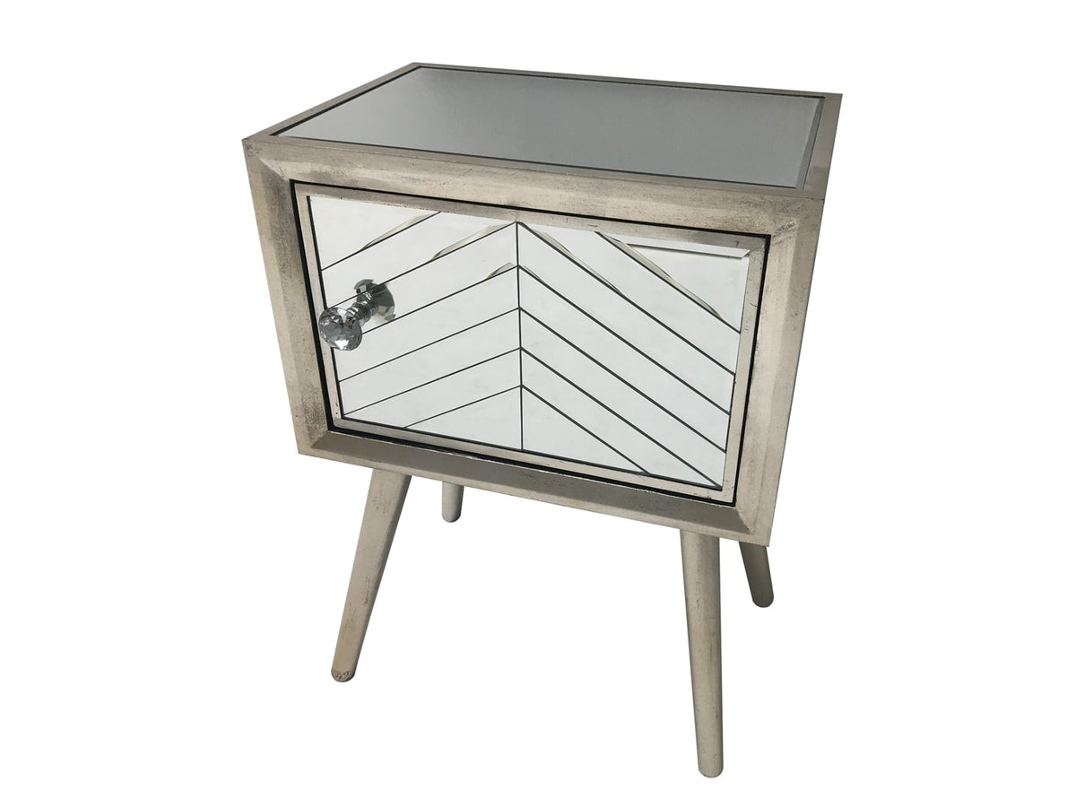 Silver Finish Glass Bedside Table with one door and diamante handle