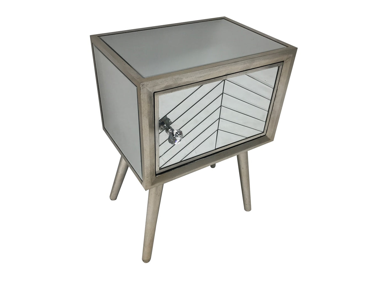 Silver Finish Glass Bedside Table with one door and diamante handle, view from top right angle