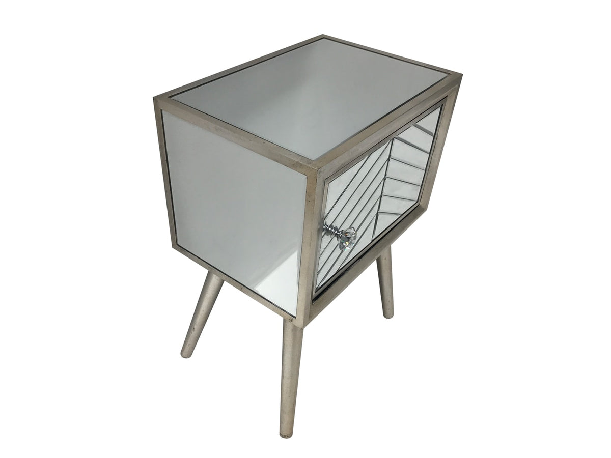 Silver Finish Mirrored Side Table with one door and diamante handle