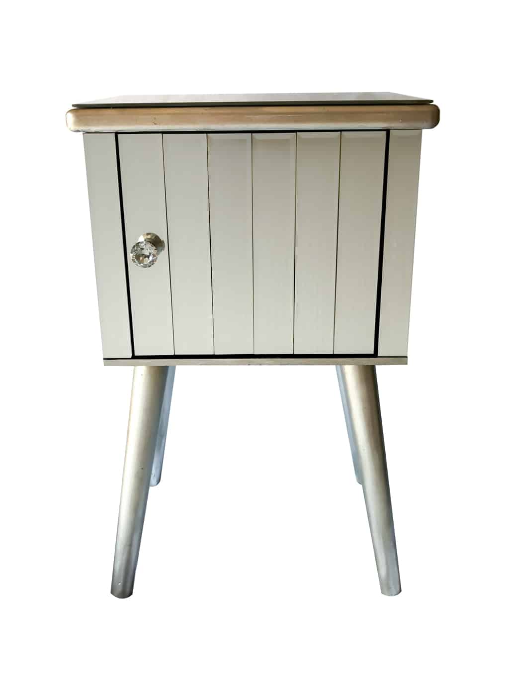 Mirrored Bedside Table Cabinet with a Crystal knob and antiqued Silver finish