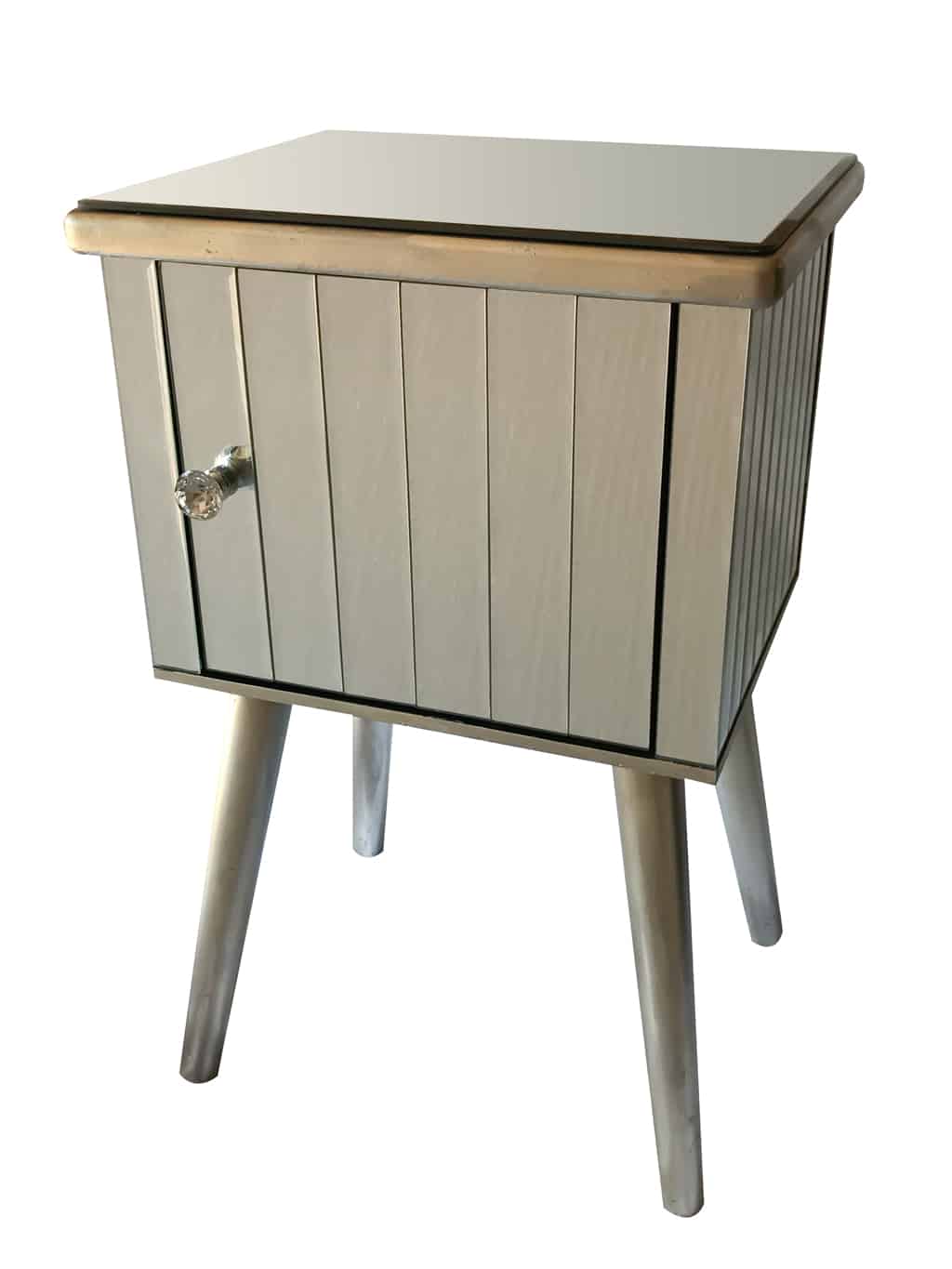 Mirrored Bedside Table Cabinet with a Crystal knob and antiqued Silver finish