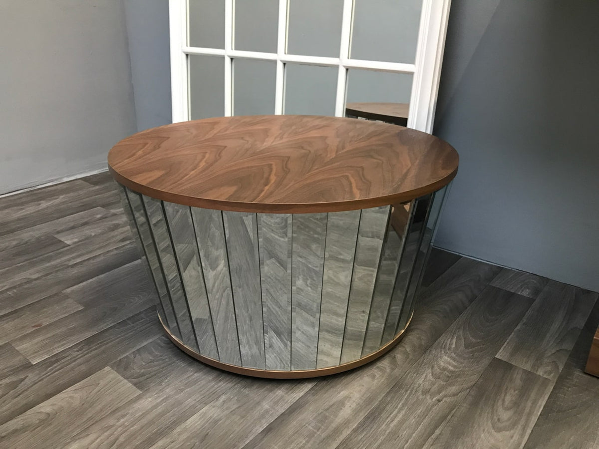 Mirrored Coffee Table with Round Natural Wooden Walnut Top