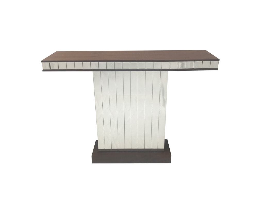 Mirrored console table with wooden top, front view