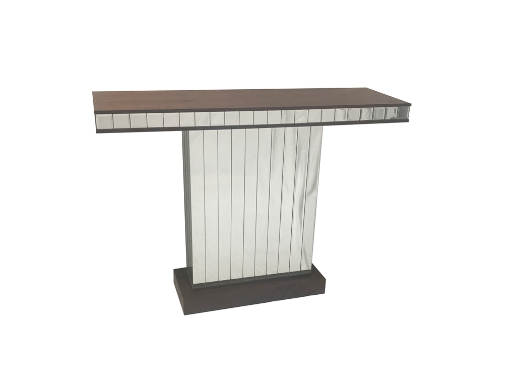 Mirrored console table with wooden top, front view