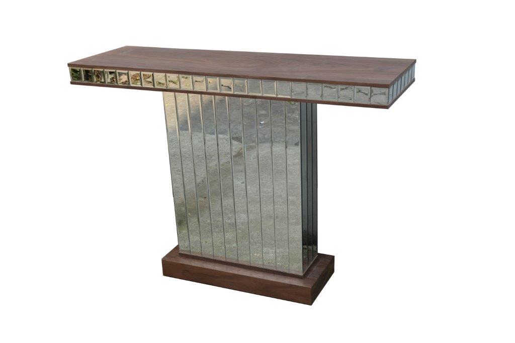 Contemporary Mirrored Console Table with Walnut Wooden Top and single column surrounded with glass panels