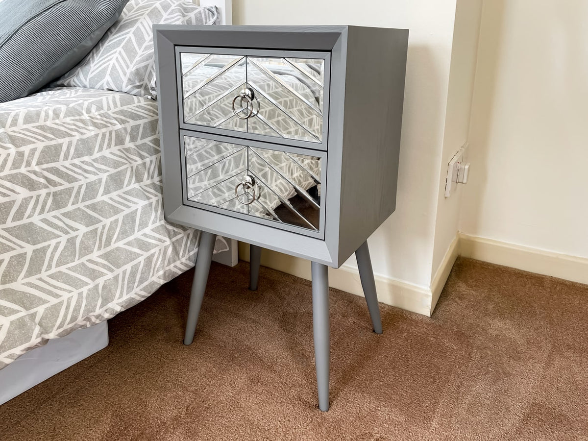 Grey Wooden Mirrored Bedside Table with 2 Draws