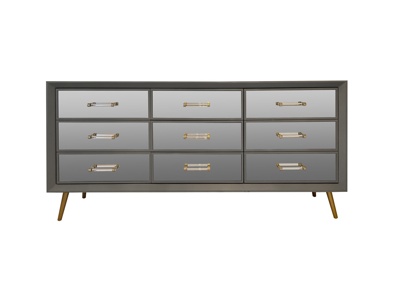 Carnaby Mirrored Chest of Drawers grey wood gold handles