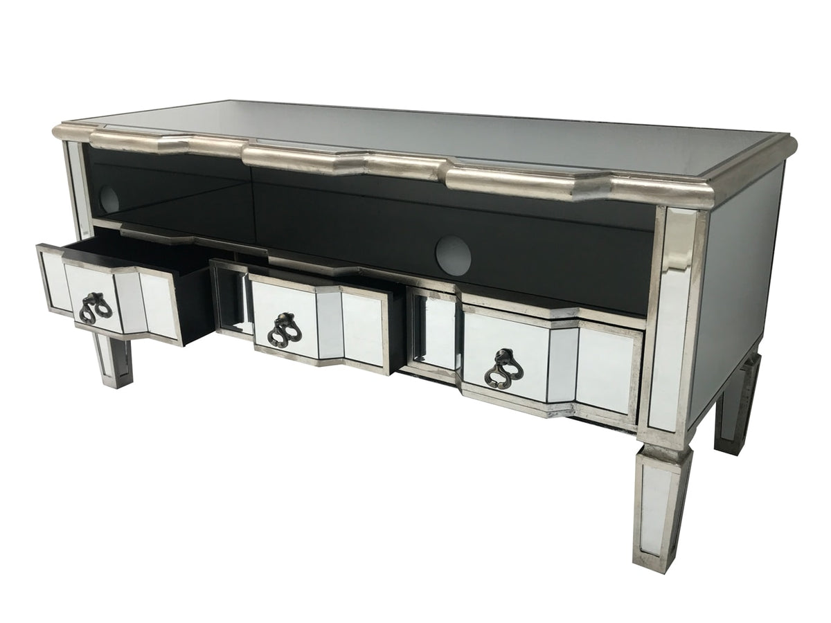 Mirrored tv unit with 3 drawers and cord opening for wires