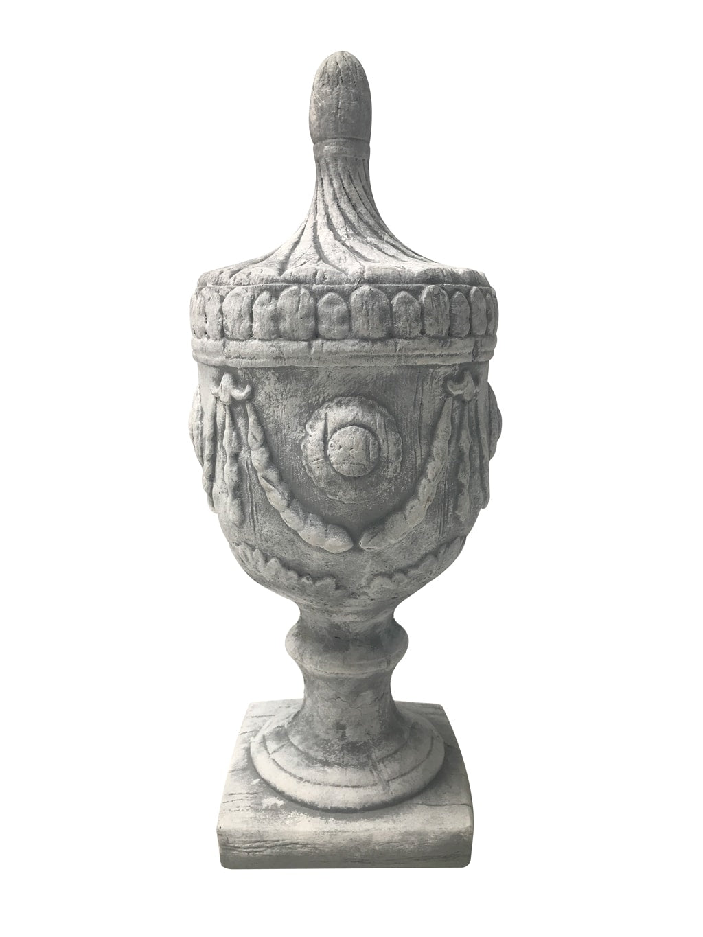 Urn Shaped Decorative Finial Garden Decoration from Antiqued White Stone
