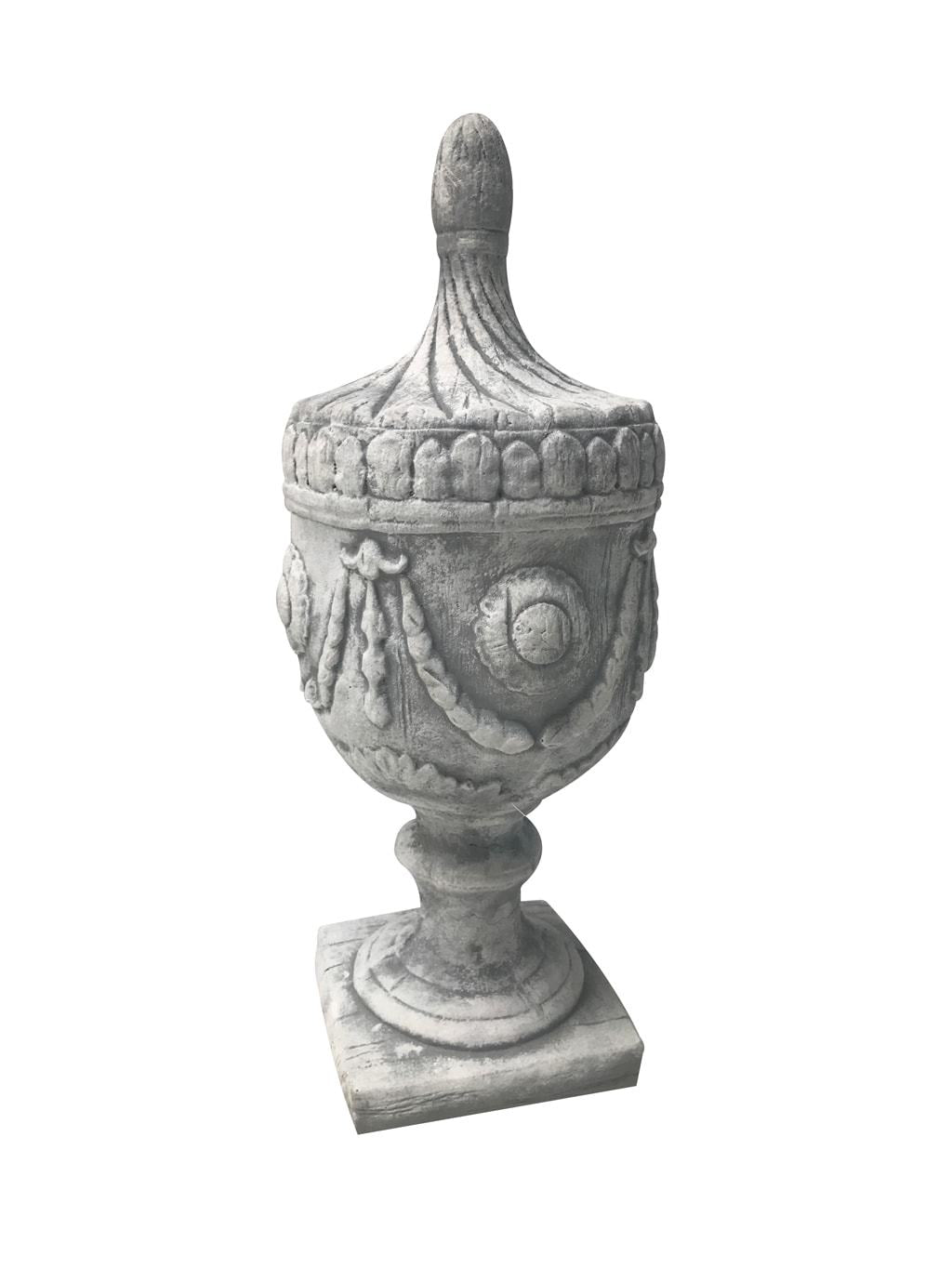 Urn Shaped Decorative Finial Garden Decoration made of Antiqued White Stone