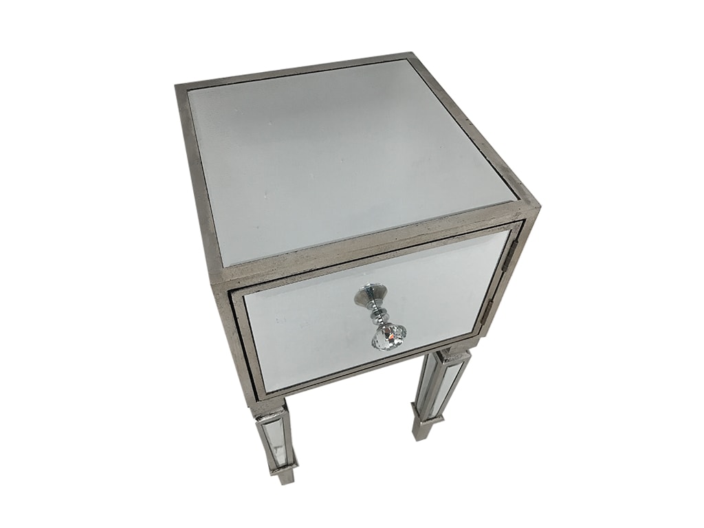 Mirrored Bedside Table with one drawer, top front view
