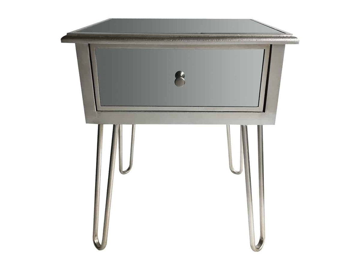 Mirrored Bedside Table on Hairpin legs with silver antiqued finish