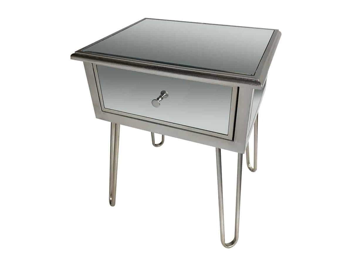 Silver Mirrored Bedside Table featuring one drawer and Hairpin legs