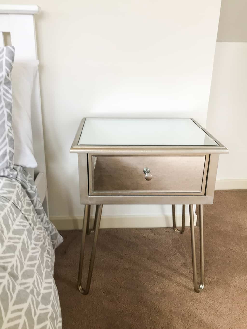 Mirrored Bedside Table, silver frame, hairpin legs, metal handle
