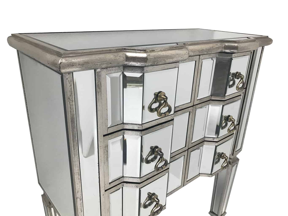 Mirrored Chest of six Drawers in antiqued silver finish
