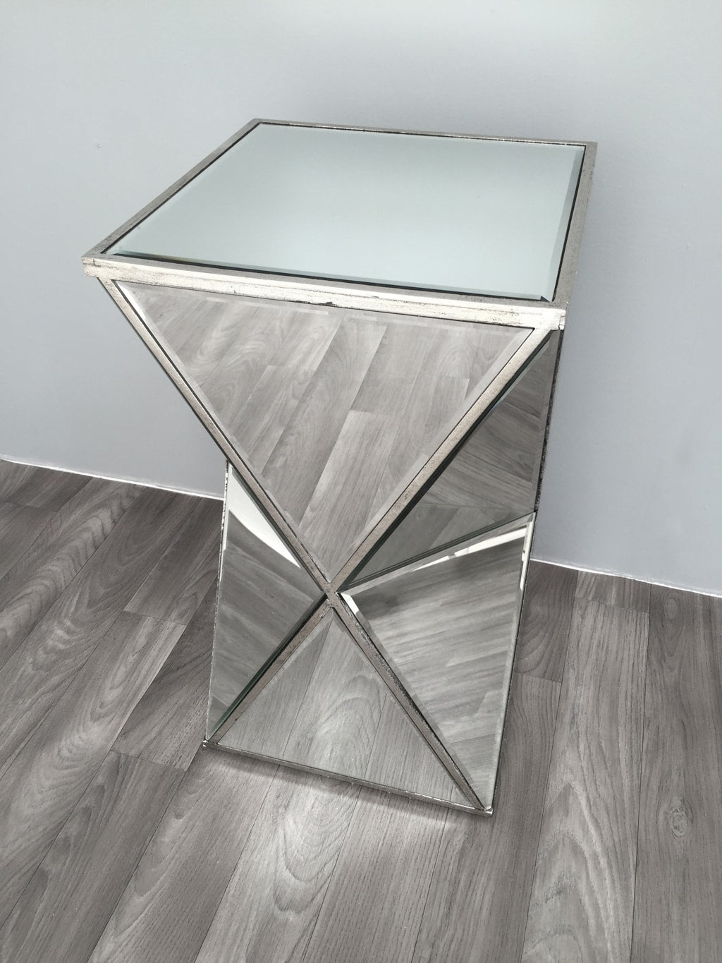 Mirrored Side Table in Hourglass Shape with Triangle Glass panels from Charleston Collection
