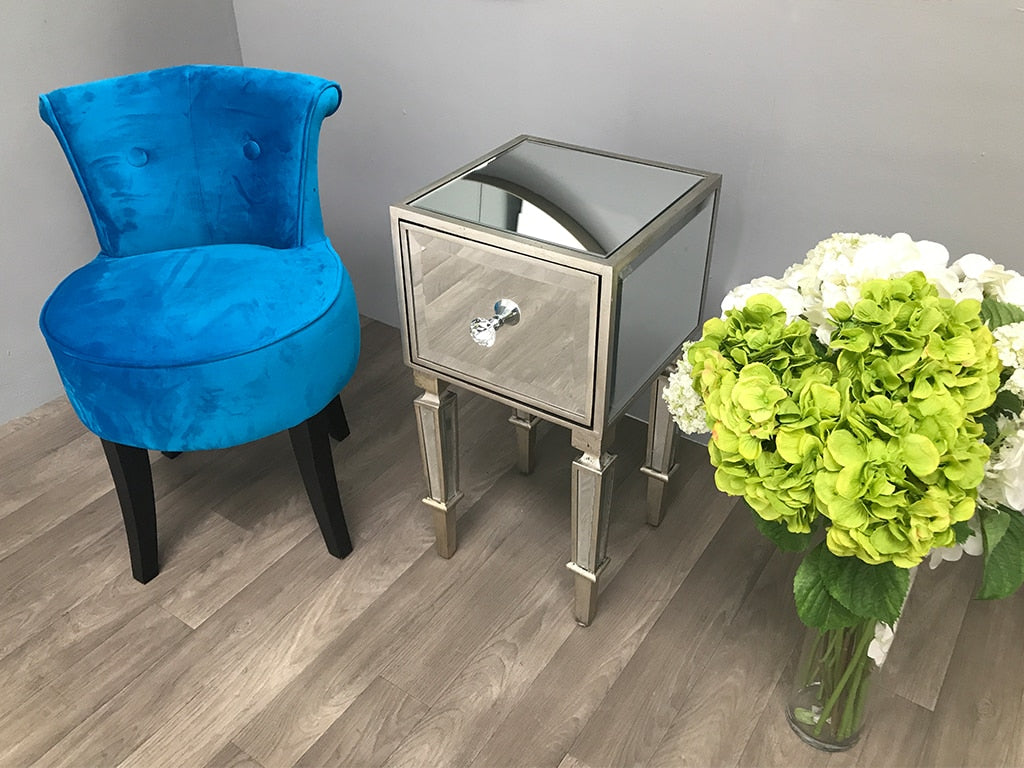Mirrored Bedside Table with one drawer featuring diamante handle