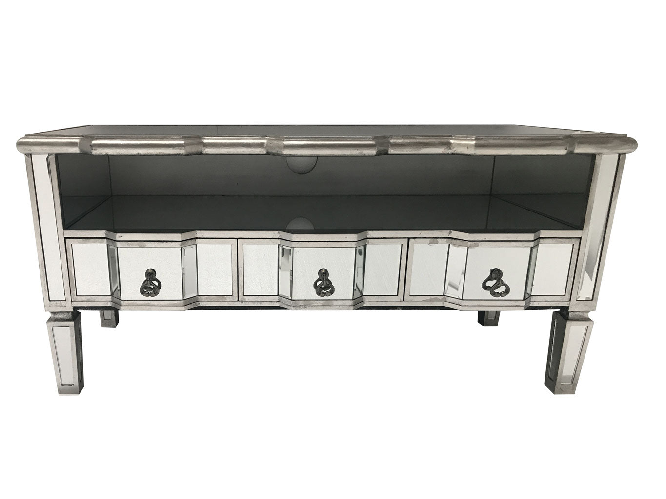 Mirrored TV unit with 3 drawers and brass handles
